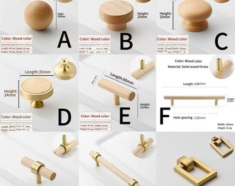 thumbnail image 2 of Vintage Wood & Brass Drawer Pulls - Beech Walnut Cabinet Handles - Unbranded Kitchen Wardrobe Hardware 2 of 3