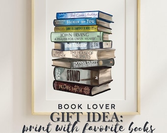 Cadeau pour les amoureux des livres : pile de livres préférés dessinée à la main personnalisée, impression numérique aquarelle personnalisée