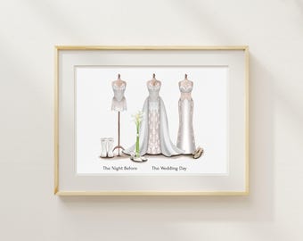 May include: A framed illustration depicting three dress forms displaying white bridal attire. The left form shows a short dress and boots labeled The Night Before. The right forms show long gowns and heels labeled The Wedding Day with a calla lily bouquet.