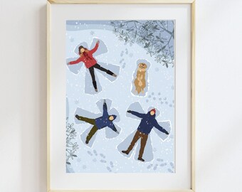 May include: Framed print featuring a winter scene with snow angels and a dog in the snow. The print includes the text "personalised print use it for holiday greetings this Christmas". The artwork is in a light wood frame.