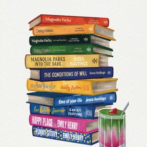 May include: A pile of books with titles including "Magnolia Parks" and "Happy Place", alongside a layered green and pink drink with a strawberry garnish. The books are in various colours and feature author names.