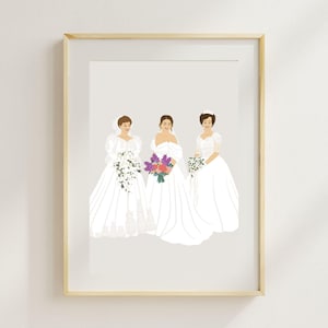 May include: A framed print showing three brides in white wedding dresses, each holding a bouquet. The brides have simple facial features and hairstyles. The print is set against a light grey background.