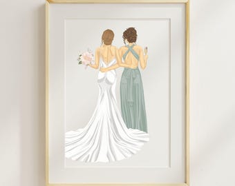 Custom Bride and Bridesmaid Portrait Art Print Personalised Maid of Honor Gift