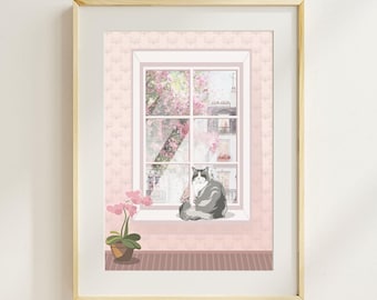 Retrato de gato personalizado • Escena de ventana caprichosa • Decoración primaveral (archivo digital)
