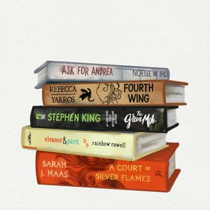 Könnte beinhalten: Ein Stapel von sechs Büchern mit Titeln wie "Ask for Andrea" und "Fourth Wing". Die Bücher sind in verschiedenen Farben, darunter Orange, Braun und Schwarz. Auch die Namen der Autoren sind sichtbar.