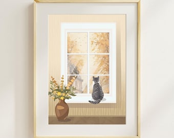 Può includere: Una stampa artistica incorniciata raffigura un gatto che guarda fuori da una finestra una scena autunnale. Un vaso marrone con fiori gialli è sul davanzale. Il gatto ha strisce grigie e nere. La cornice è marrone chiaro.