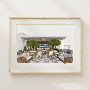 May include: A framed watercolor architectural illustration of an outdoor lounge area. The artwork depicts a covered patio with seating, tables, and trees. The color palette includes shades of brown, gray, and green.