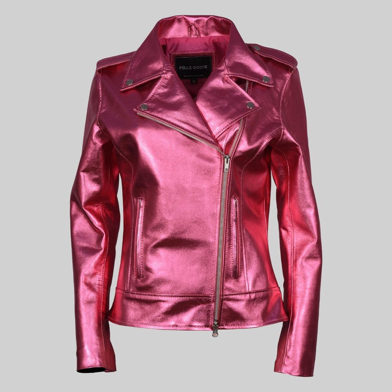 Women's Pink Leather Biker Jacket with Zipper Details