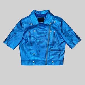 Womens Blue Metallic Leather Biker Jacket, Short Sleeve Moto Jacket, Shiny Lambskin Festival Jacket, Punk Style Cropped Jacket, Gift For Her