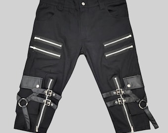 Zwarte gothic short – Alternatieve punkrock short met bandjes, gespen en ritsen, Darkwear festivalkleding, cybergoth-steampunkstijl