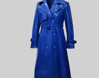 Blue Vinyl Trench Coat: Shiny PVC Raincoat - Belted Double-Breasted