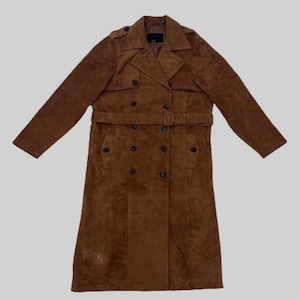 Handmade Suede Leather Trench Coat: Vintage Brown Overcoat with Belt