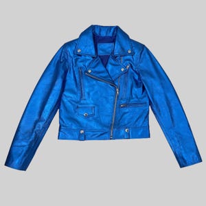 Women&#39;s Metallic Blue Leather Jacket, Blue Biker Jacket, Shiny Cropped Moto Jacket for Concerts, Parties, Festivals, Edgy Streetwear Style