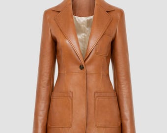Tan Leather Blazer Womens Genuine Leather Tailored Jacket Classic Single Button Office Wear Smart Casual Coat