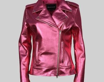 Rosa Metallic Lederjacke, Damen Bikerjacke, glänzender Motorradmantel - Geschenk für sie