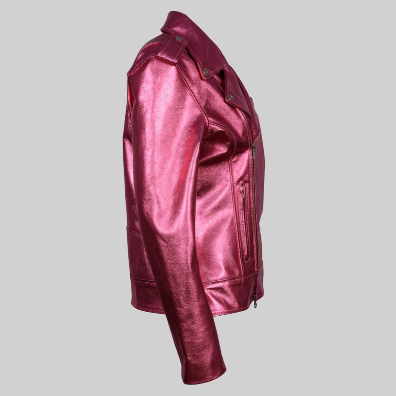 Trendy Women's Pink Moto Jacket with Silver Zippers