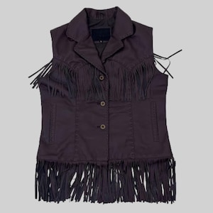Fringe Leather Vest Women – Dark Brown Western Lambskin Sleeveless Jacket – Boho Vintage Rodeo Fringe Vest – Womens Western Leather Vest