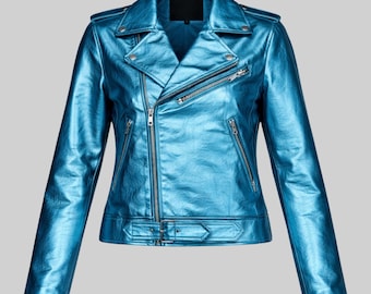 Metallic Blue Lambskin Leather Biker Jacket - Women's Moto Style