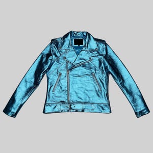 Womens Metallic Blue Leather Jacket, Women’s Biker Style Jacket, Shiny Moto Lambskin Jacket, Trendy Motorcycle Blue Jacket, Gift for Her