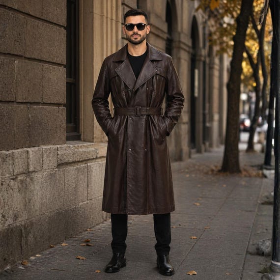 Mens Brown Leather Trench Coat, Belted Leather Duster, Dark Academia Coat, Luxury Mens Overcoat