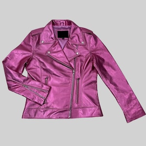 Metallic Pink Biker Leather Jacket Women, Handmade Leather