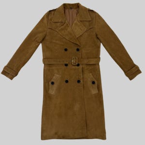 Vintage Lambskin Suede Trench Coat: Brown Double-Breasted Leather Overcoat
