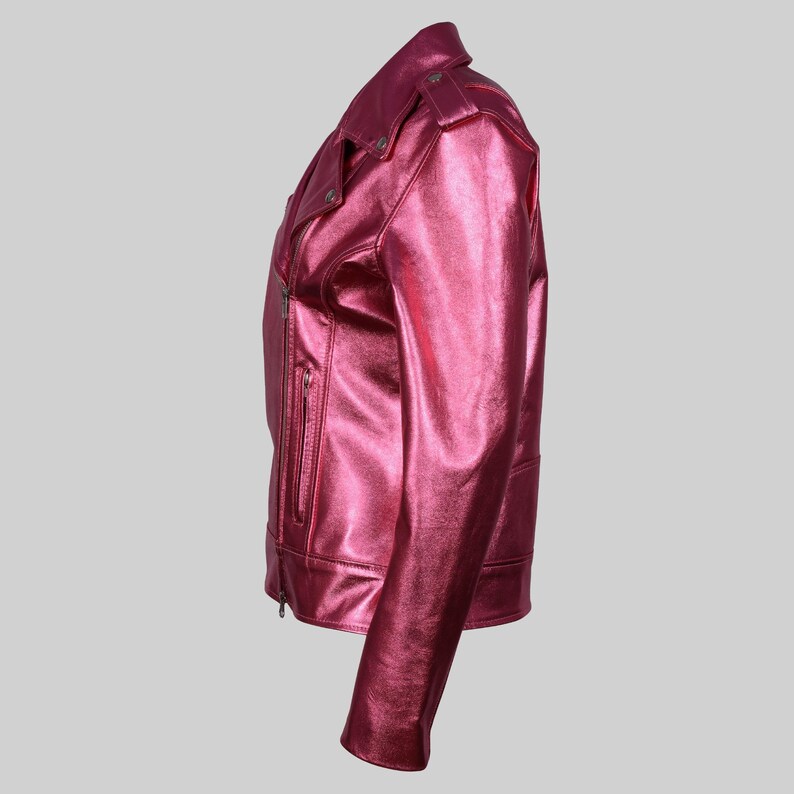 Vibrant Metallic Pink Biker Jacket for Streetwear