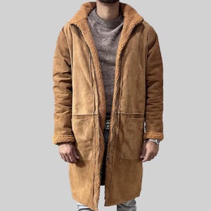Mens Shearling Brown Suede Coat, Long Sheepskin Winter Jacket, Warm Fur Lined Trench Coat, Vintage Hooded Shearling Long Coat - Gift For Him
