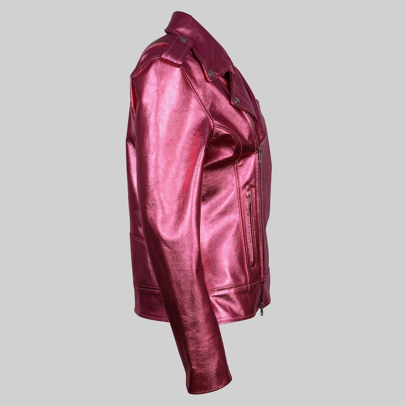 Edgy Women's Pink Leather Jacket with Lapel Collar
