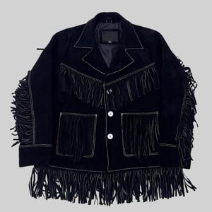 Suede Western Jacket Womens Black Vintage – Cowgirl Fringe Coat, Retro Rodeo Style, Boho Festival Outfit, 70s Inspired Westernwear USA