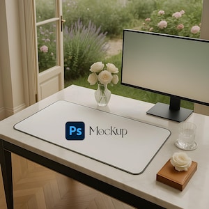May include: A white desk mat with a black border and the text "Ps Mockup" is on a marble table. A computer monitor, a glass of water, a small brown box, and a vase of white roses are also on the table.