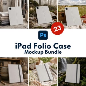May include: An iPad Folio Case Mockup Bundle is displayed in various outdoor settings. The cases are white and feature a simple design. The image includes the text "iPad Folio Case Mockup Bundle" and a red circle with the number "23".