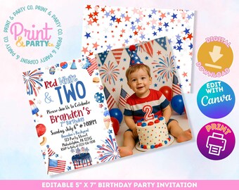 Verjaardagsuitnodiging rood-wit en TWEE: 4 juli-feest (canva bewerkbaar, digitale download)