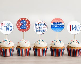 Red White and TWO 2nd Birthday Cupcake Toppers | 4th of July Patriotic Party Decor | Editable Canva Template | Instant Download