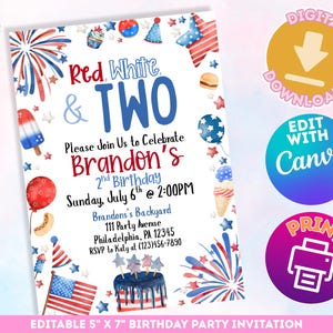 Blanc rouge et DEUX invitations d'anniversaire | Invitation à la fête du 4 juillet | 2e anniversaire modifiable | Téléchargement instantané | Toile - PrintAndPartyCoShop