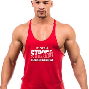 Finish Strong&quot; Gym Stringer Tank Top | Men&#39;s Motivational Workout Tank | Bodybuilding Apparel | Fitness Lover Gift | Muscle Tee