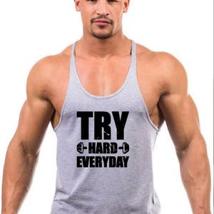 TRY HARD EVERYDAY&quot; Gym Stringer Tank Top | Men&#39;s Workout Motivation | Bodybuilding Apparel | Fitness Lover Gift | Muscle Tank