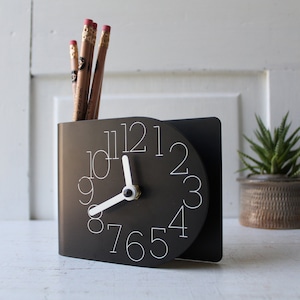 Vintage Wall / Desk Clock - Mid Century Modern Metal Freestanding Desk Organizer / Wall Clock - Black Metal - Quartz