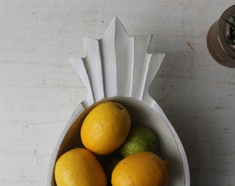 Pineapple Wood Bowl - Centerpiece - Fruit Bowl - White Painted Bowl 12 1/4" x 7 1/4" x 3 1/4"