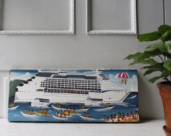 Yacht Painting - Boat - Cruise Ship - Original Acrylic Painting - Evens Haiti - Eclectic Global Home Decor 8" x 20"