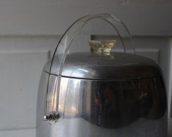 Vintage Kromex Ice Bucket - Aluminum with Clear Handle - Mid Century Kitchen Entertaining Barware