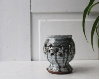 Vintage Stoneware Candle Holder -  Hand Thrown Pottery with Holes - Gray Speckled Pottery with Green Drip Glaze