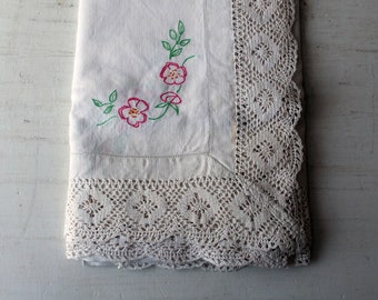 Vintage Embroidered Tablecloth 58" x 58"  Soft Cotton with Lace Trim Border Hand Embroidered Corners - Floral Basket - Flower