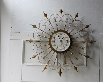 Vintage Starburst Wall Clock - 24" Diameter Gold Metal Quartz Movement w/ Sweeping Second Hand - Mid Century Home Decor