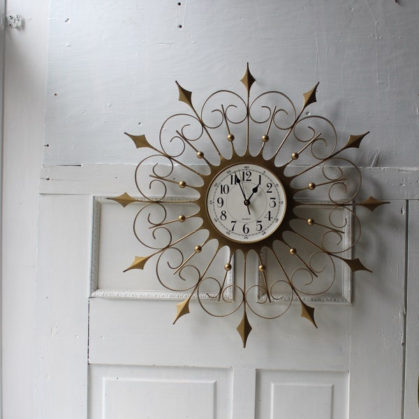 Vintage Starburst Wall Clock - 24" Diameter Gold Metal Quartz Movement w/ Sweeping Second Hand - Mid Century Home Decor