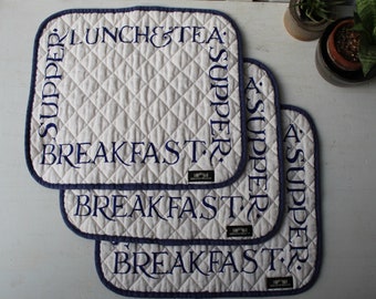 3 Vintage Bridgewater Quilted Fabric Placemat - Quilted White Cotton with Blue Border - Typography Lunch & Tea Supper Breakfast - British