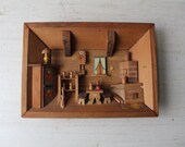 Vintage Diorama Wall Hanging - Kitchen Folk Art - Wooden Shadowbox Display Art