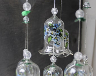 Vintage Clear Glass Bell Windchime - Suncatcher - Forget Me Not Blue Flowers - Taiwan