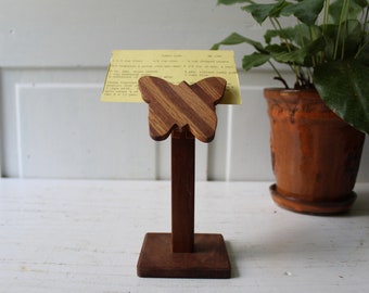 Wood Recipe Card Holder - Vintage Handmade Walnut Butterfly  Memo / Letter / Note / Photo Clip - Desk Accessory - Walnut and Oak 6 3/4" Tall