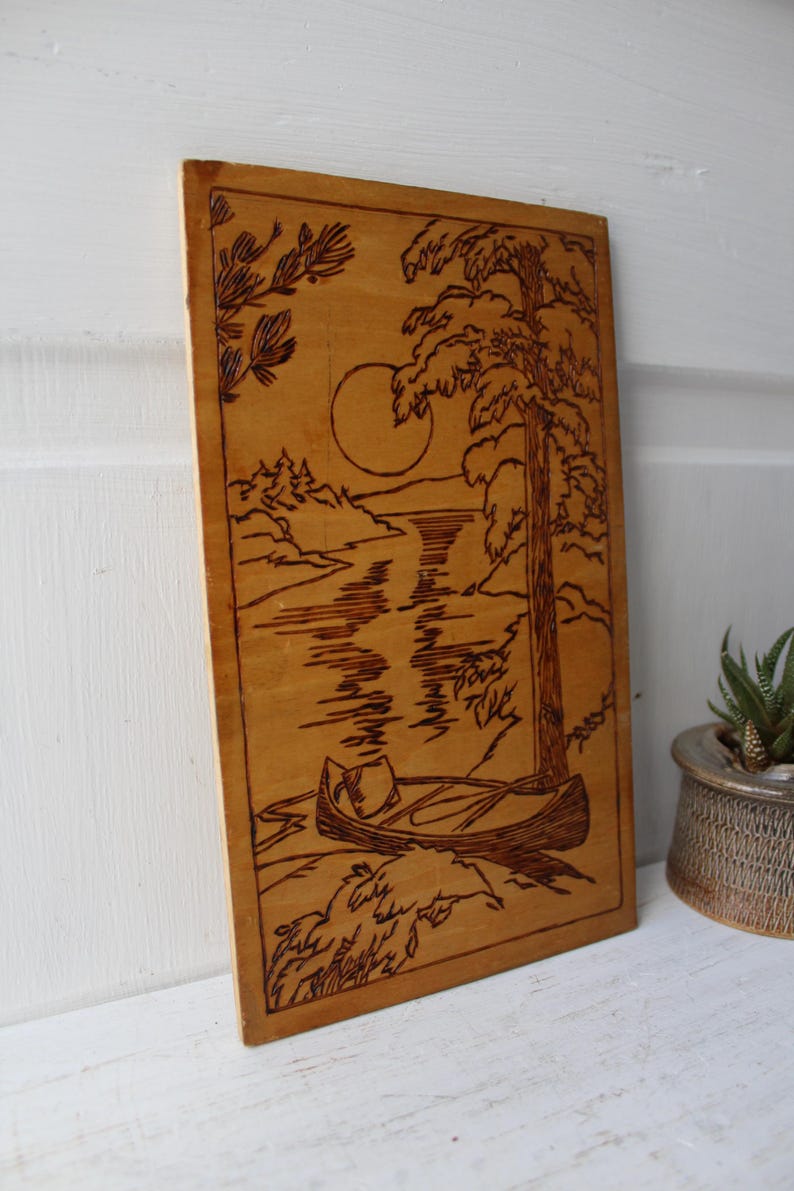 Vintage Canoe Lake Pyrography - Rustic Wood Burned Art - Etsy